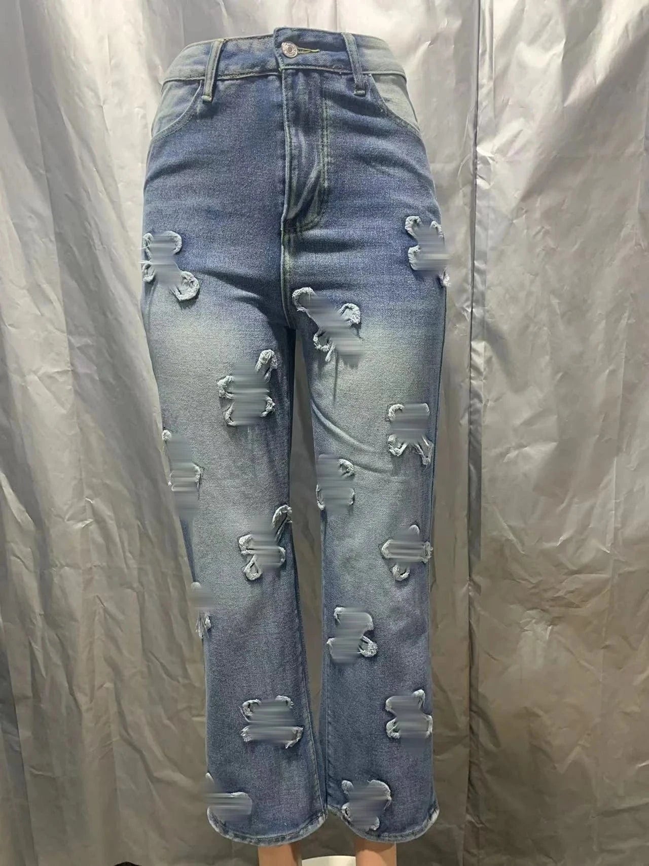 M / Blue Trendy Ripped High Waist Straight Leg Denim Jeans