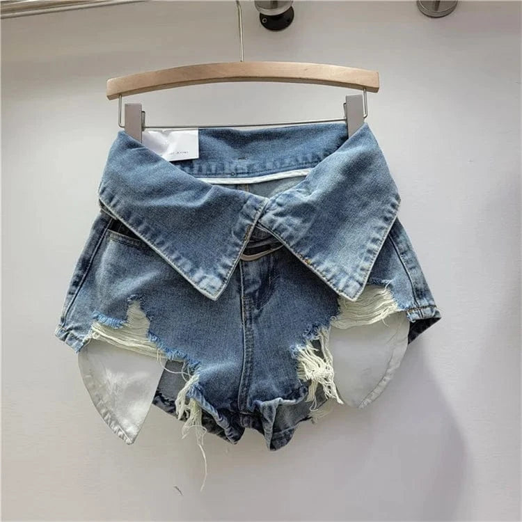 M / Blue Vintage Holes Patchwork Denim Shorts Women Trend Lapel High Waist Irregular Jeans Pants