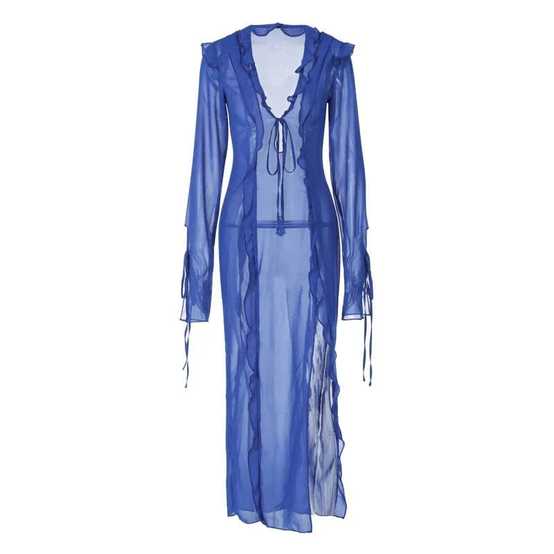 M / Blue Wholesale New style Vacation Wear Sexy Sun Cover Up Summer Beach ladies Mature Slit V-Neck Long maxi Chiffon Dress for women