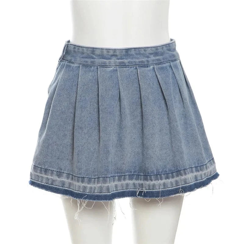 M / Blue Wholesale summer boutique 2024 fashion girls mini denim jeans pleated women's skirts