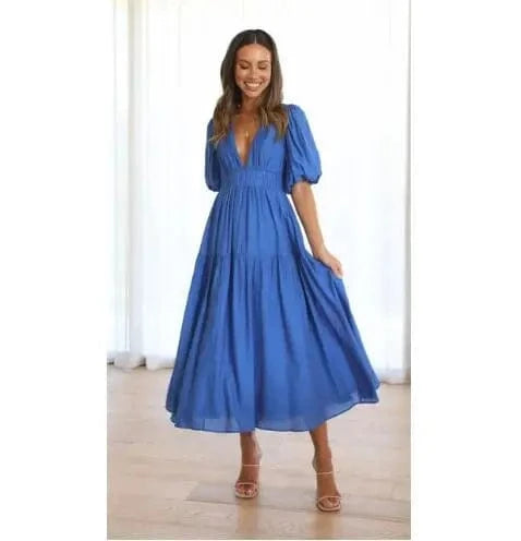 M / Blue Women 2024 Puff Sleeve Deep V Neck Long Dresses Summer For Woman Sexy Green Women's Dress Summer Royal Blue
