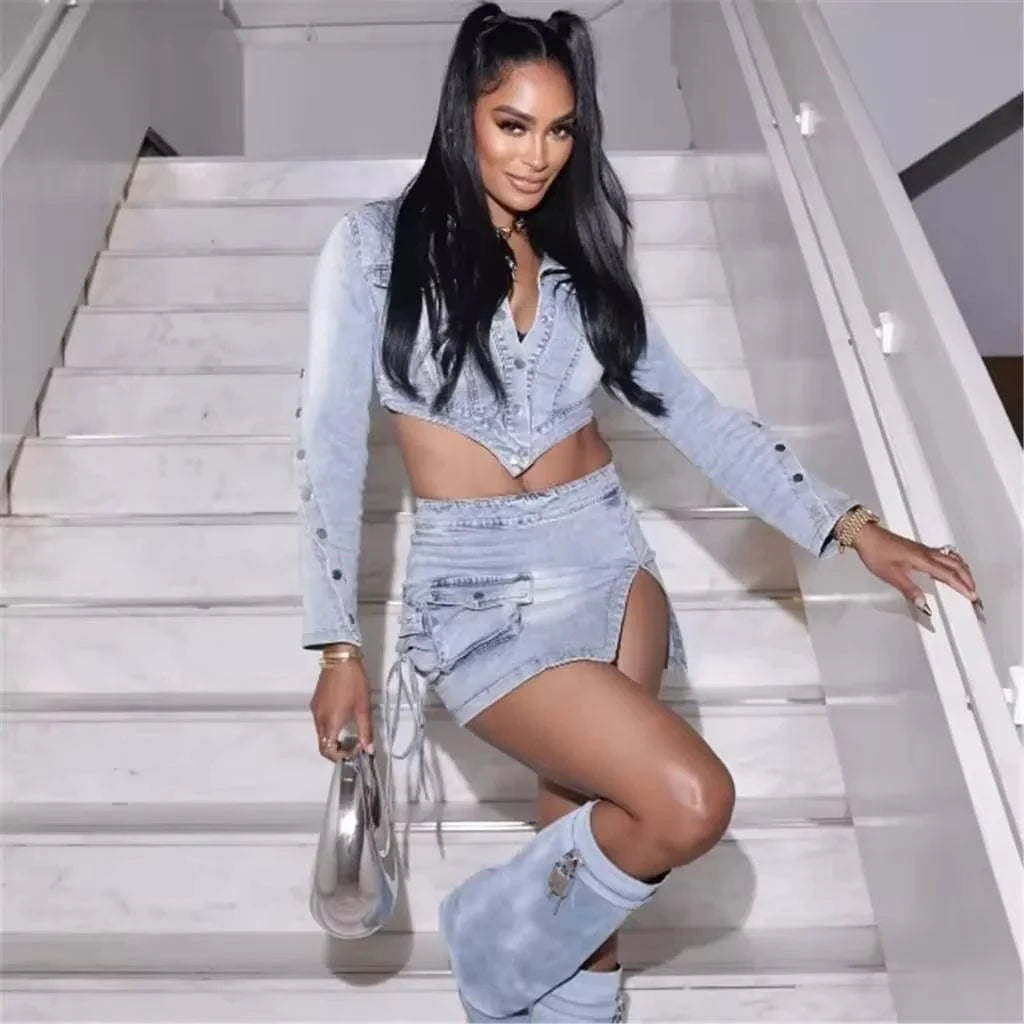 M / Blue ZHEZHE denim Women 2 Piece Set 2024 Summer Trend stretch long sleeve jackets and split pockets skirts Matching Set Streetwear