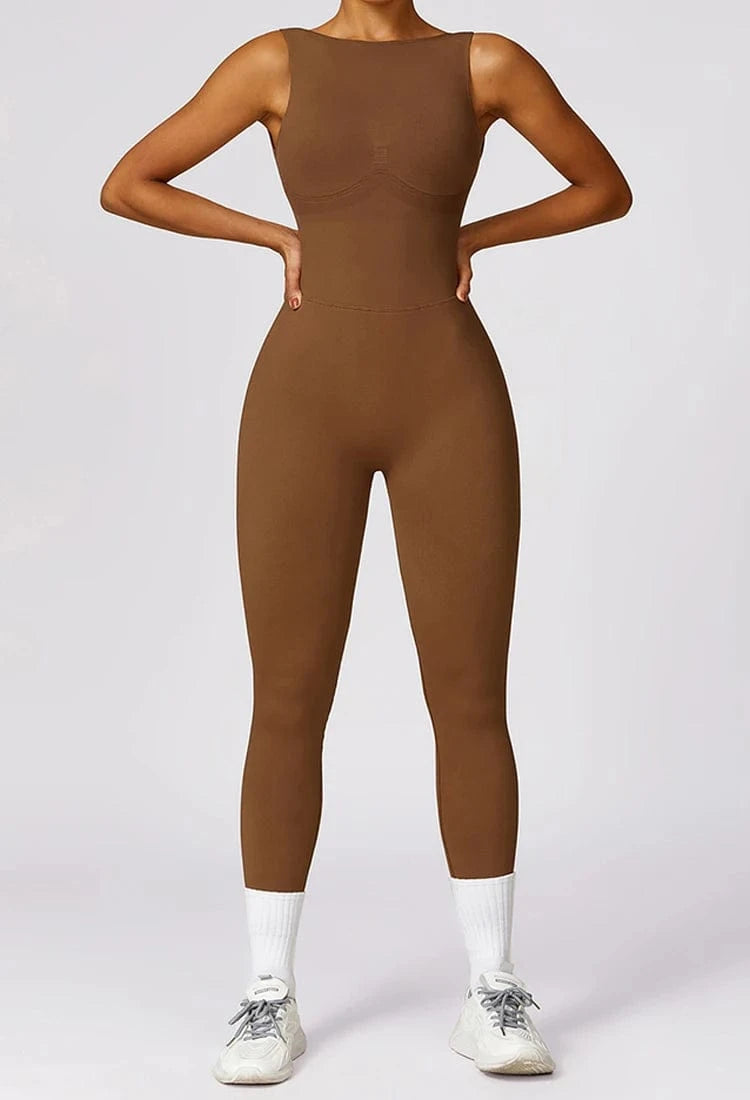 M / Brown 2024 High Quality Wholesale Ladies Scrunch butt Backless Sleeveless One Piece Jumpsuits Workout Jumpsuit For Women