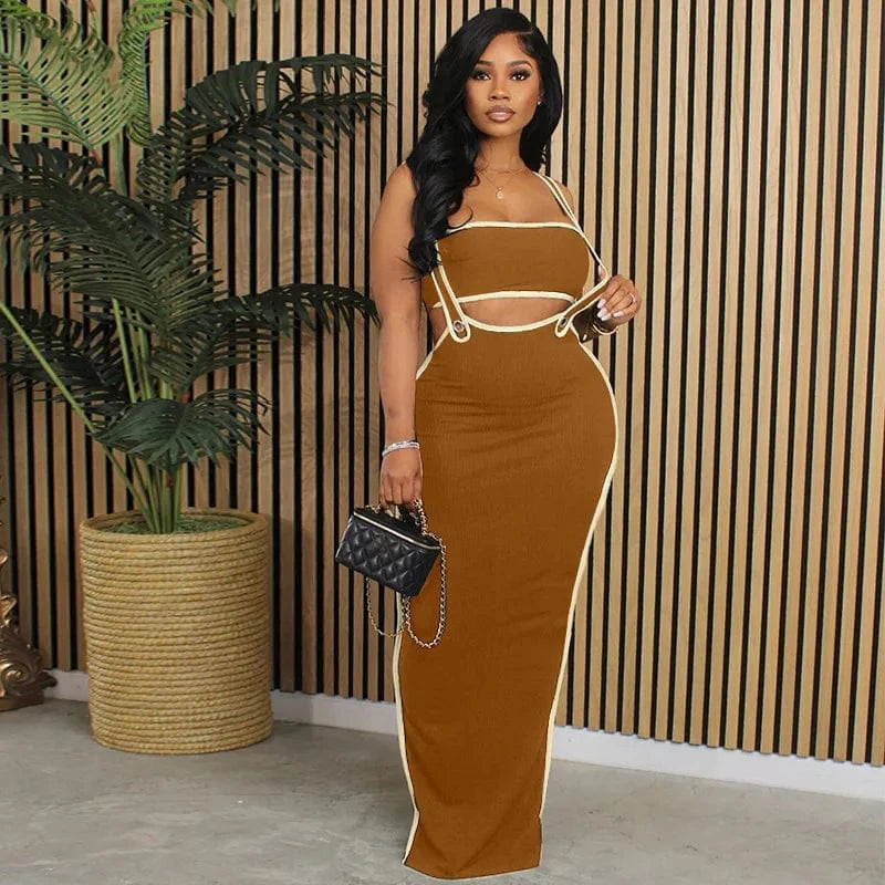 M / Brown 2024 new arrivals boutique S-2XL fashion 2 piece maxi skirt and top set for women