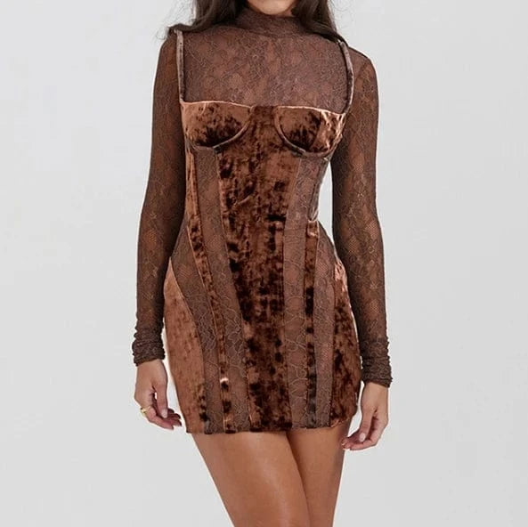 M / Brown 2024 New Spring Patchwork Velvet Tube Dress Women Long Sleeve Bodycon Dress Sexy Hollow Out Lace Dresses