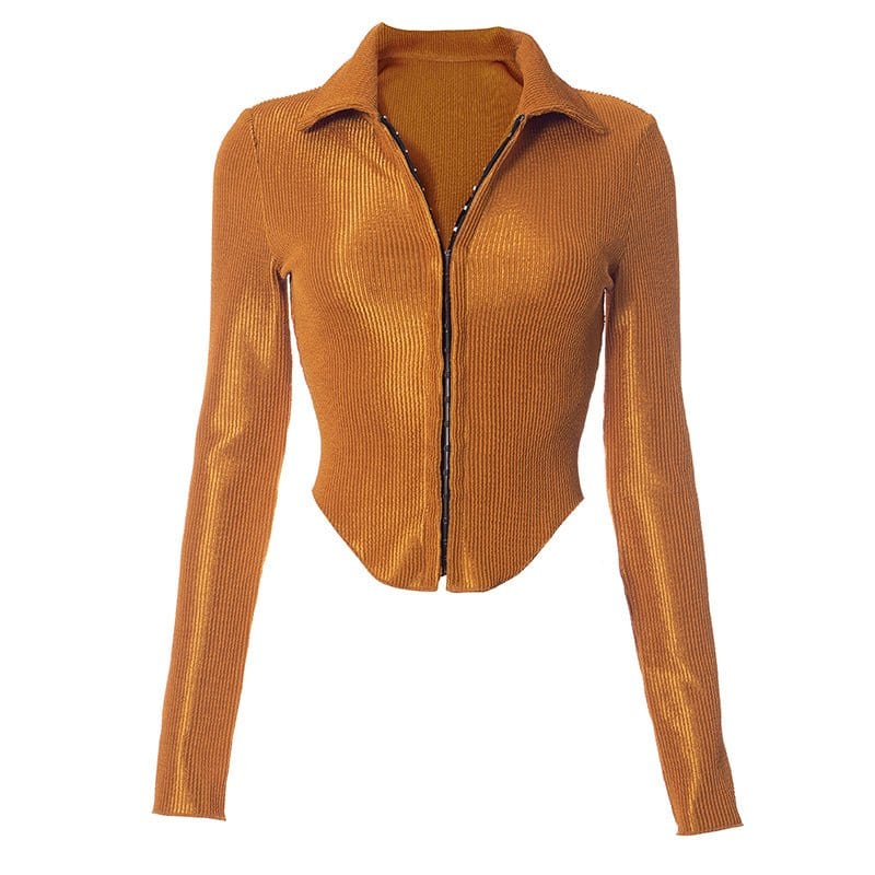 M / Brown 35975 Fall 2023 Lapel Buckle Shirt Ladies Elegant Streetwear Women Top