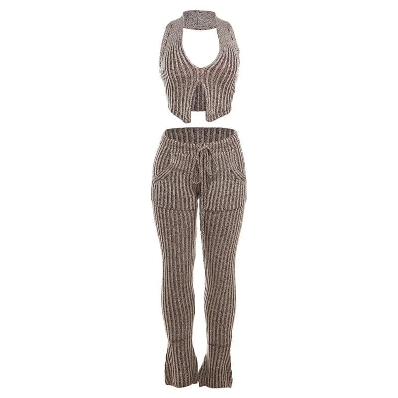 M / Brown Autumn 2023 Deep V Neck Tank Top+Flare Pants Set Womens Casual Set Fashion Striped Knitted Two Piece Set