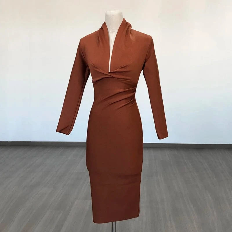 M / Brown BA042 New Women's Top Party Casual Bandage Dress Long Sleeve High Quality Midi Vestidos Bodycon Deep V-Neck Sexy Evening Dresses