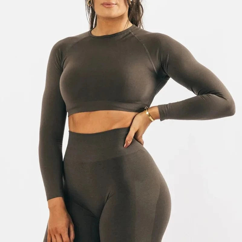 M / Brown Conjuntos Deportivos Mujer Women'S Cropped Seamless Long Sleeve And Scrunch Legging Yoga Gym Fitness Active Wear Set