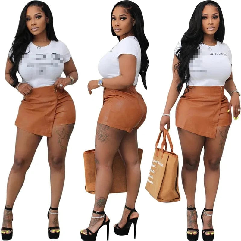 M / Brown Fashion Stretch PU Leather Shorts 2 in 1 Design Ladies Mini Skorts New Brown Skirt Shorts Womens With Tights
