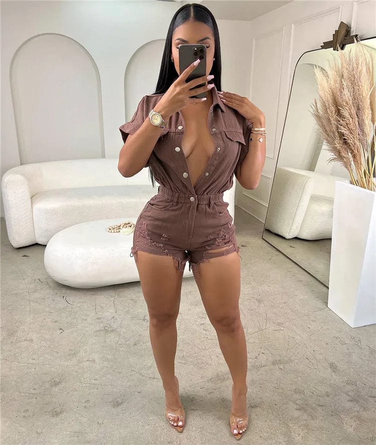 M / Brown Jeans Jumpsuits Summer Women Short Sleeve Bodysuit Ripped Denim Shorts Jumpsuits