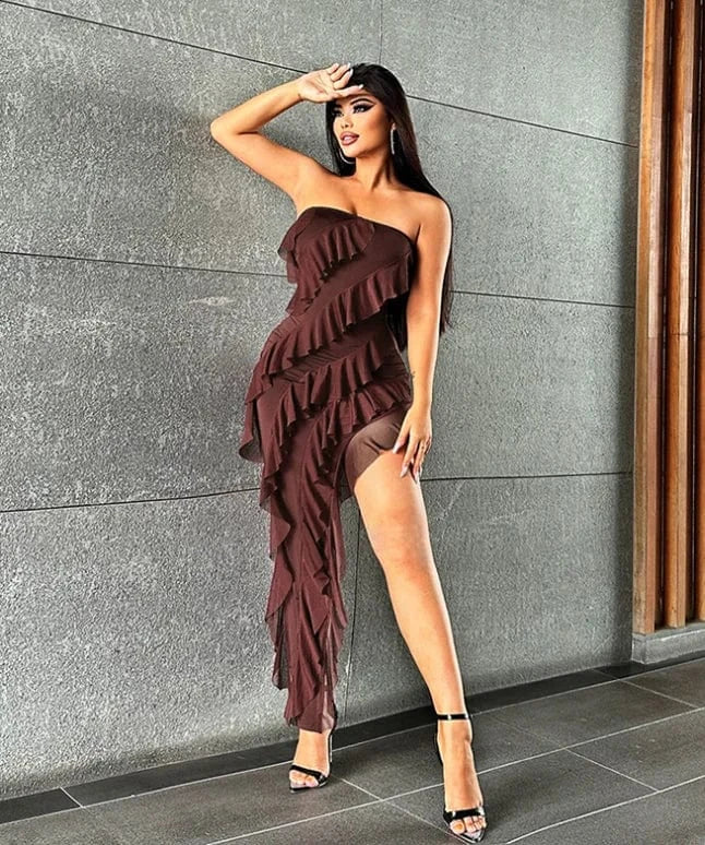 M / Brown Summer Chic Slit Maxi Dress 2024 Fashion Strapless Bodycon Dresses For Women Sexy Party Split Ruffles Long Dress