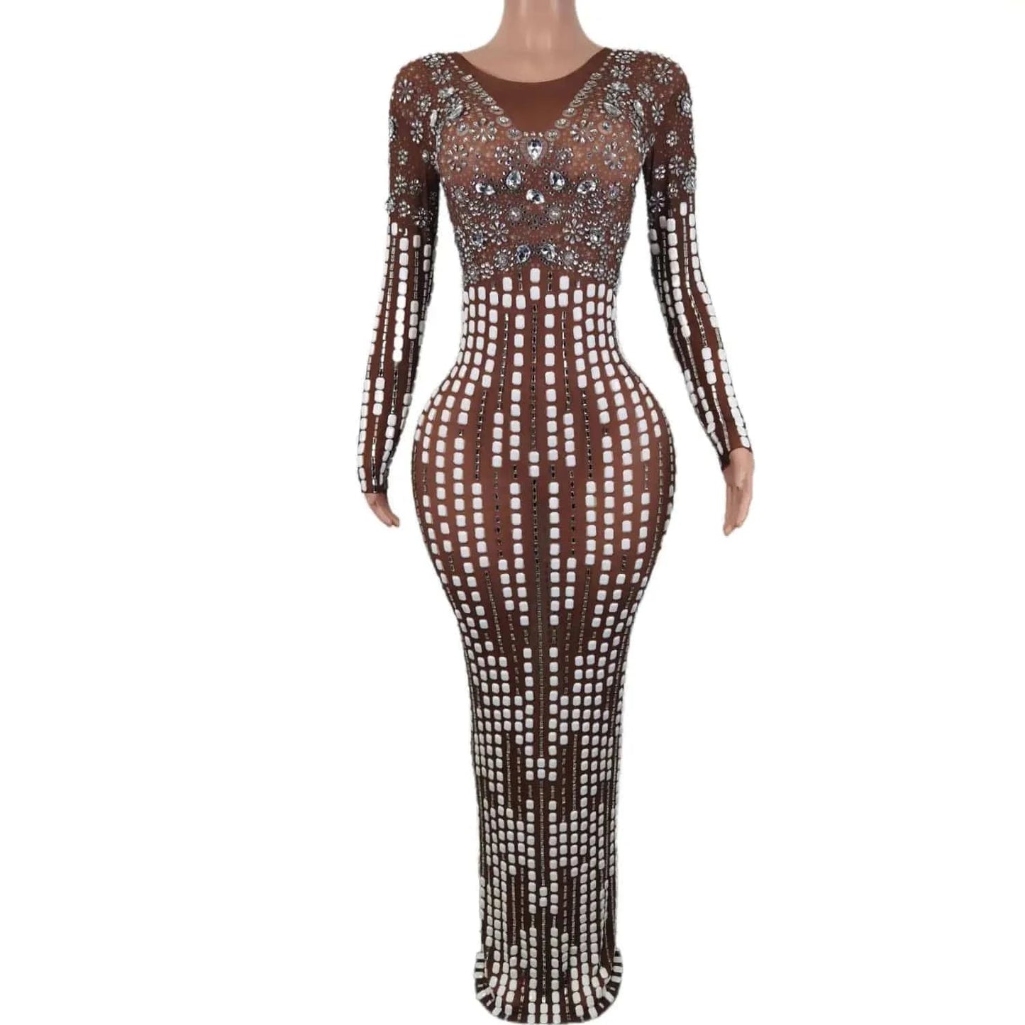 M / Brown Vestido Prom Gown Beading Diamond Banquet Cocktail Long Dress Ladies Club Outfits Women Dinner Sheath Dress Sexy Party Dress