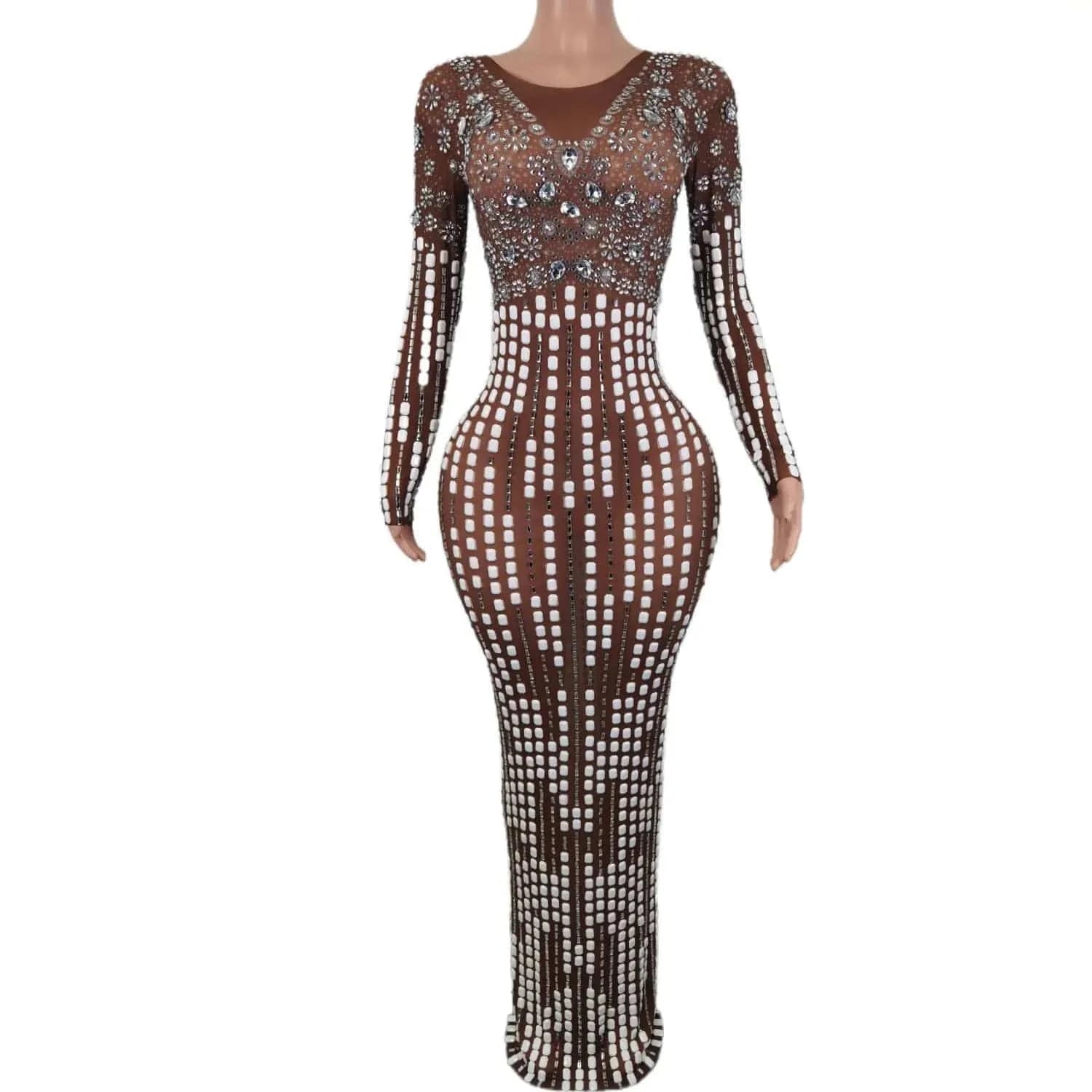 M / Brown Vestido Prom Gown Beading Diamond Banquet Cocktail Long Dress Ladies Club Outfits Women Dinner Sheath Dress Sexy Party Dress