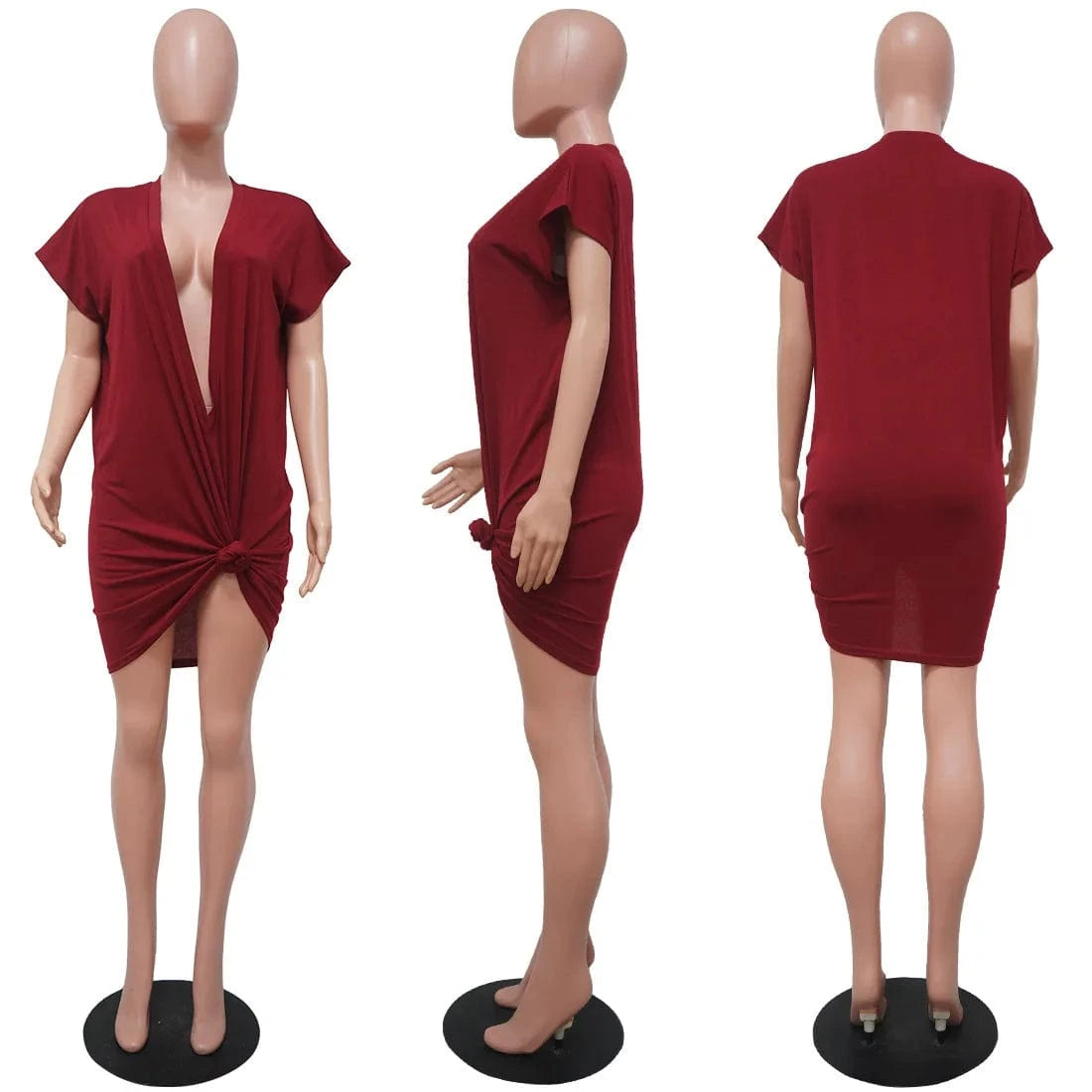 M / Burgundy Bomblook C129DS Sexy Outfits Solid Women Party Club Dresses Short Sleeve Deep V Neck Mini Knotted Elegant Dress