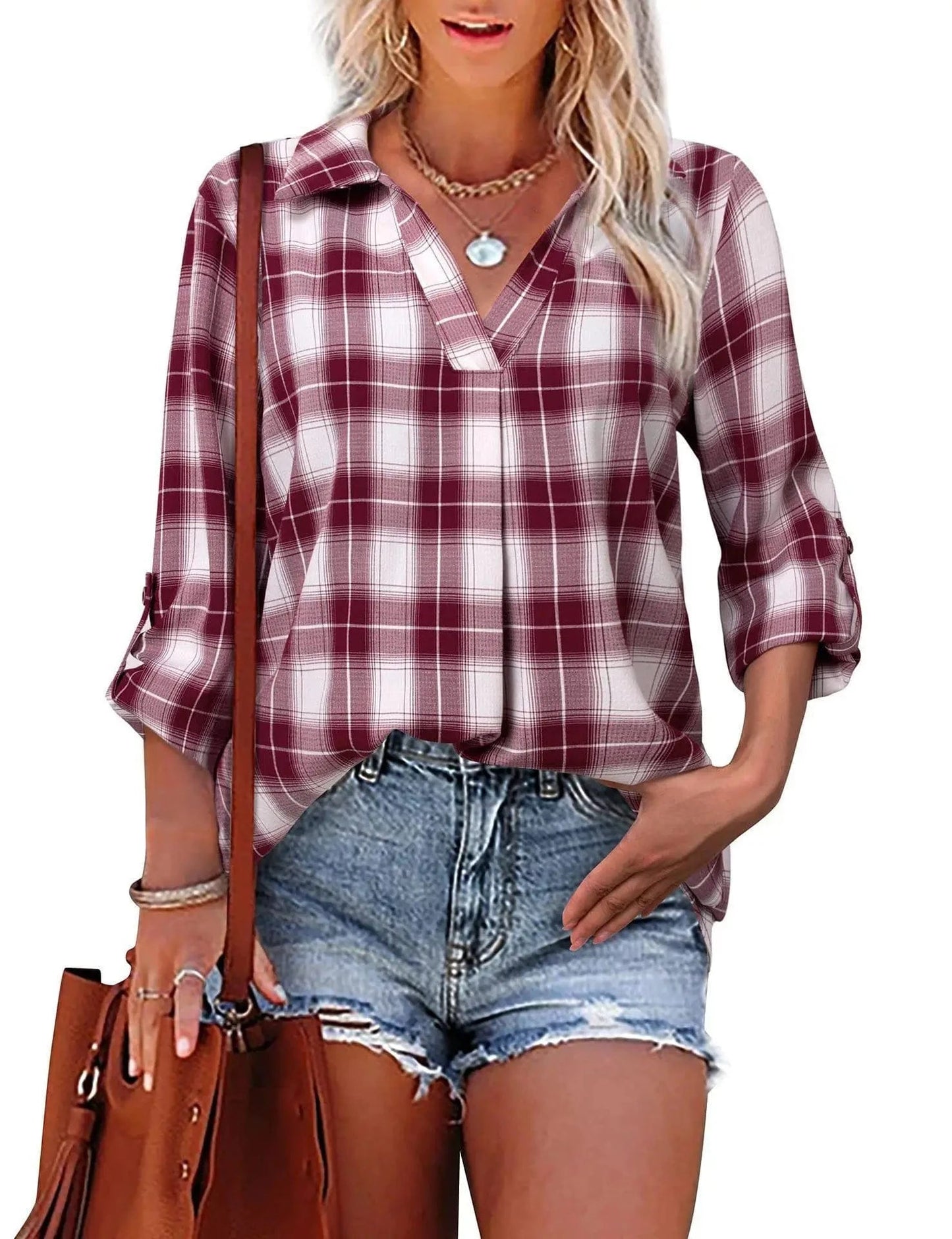 M / Burgundy New 2024 Spring Summer Temperament Collage Cover Long Sleeve V-neck Loose Type Women's Shirt Wholesale