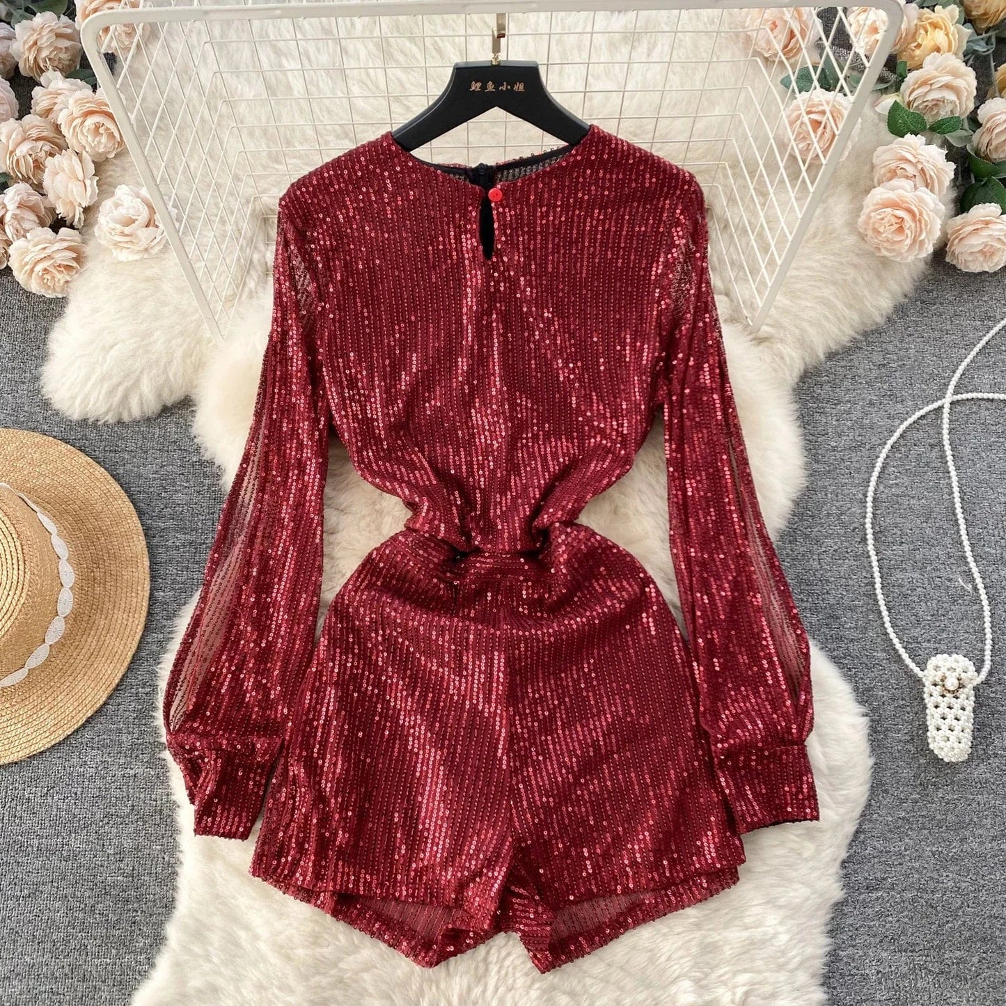 M / Burgundy Sequin jumpsuit for women's 2024 new socialite temperament fashion dress jumpsuit