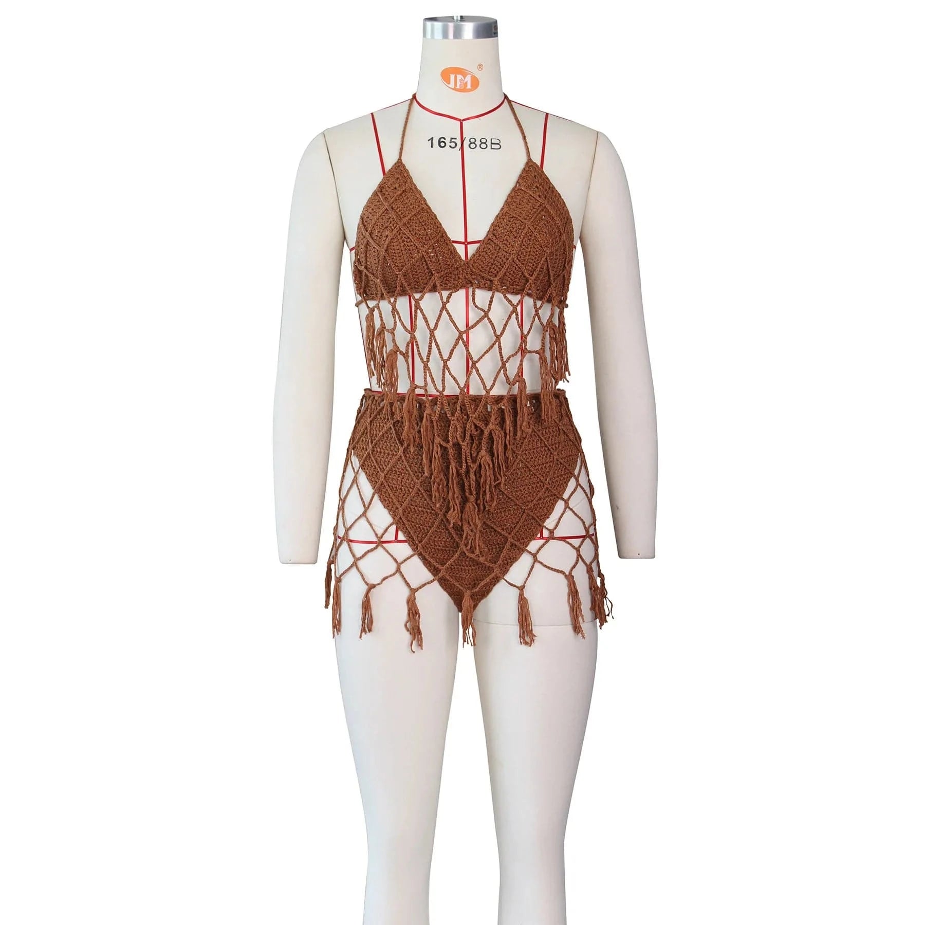 M / C305ST02 dark camel Bomblook C305ST02 Crochet Swim Suit 2024 Summer Beach 2 Pieces Sets Halter Top With Underwear Tassels Women Sexy Set