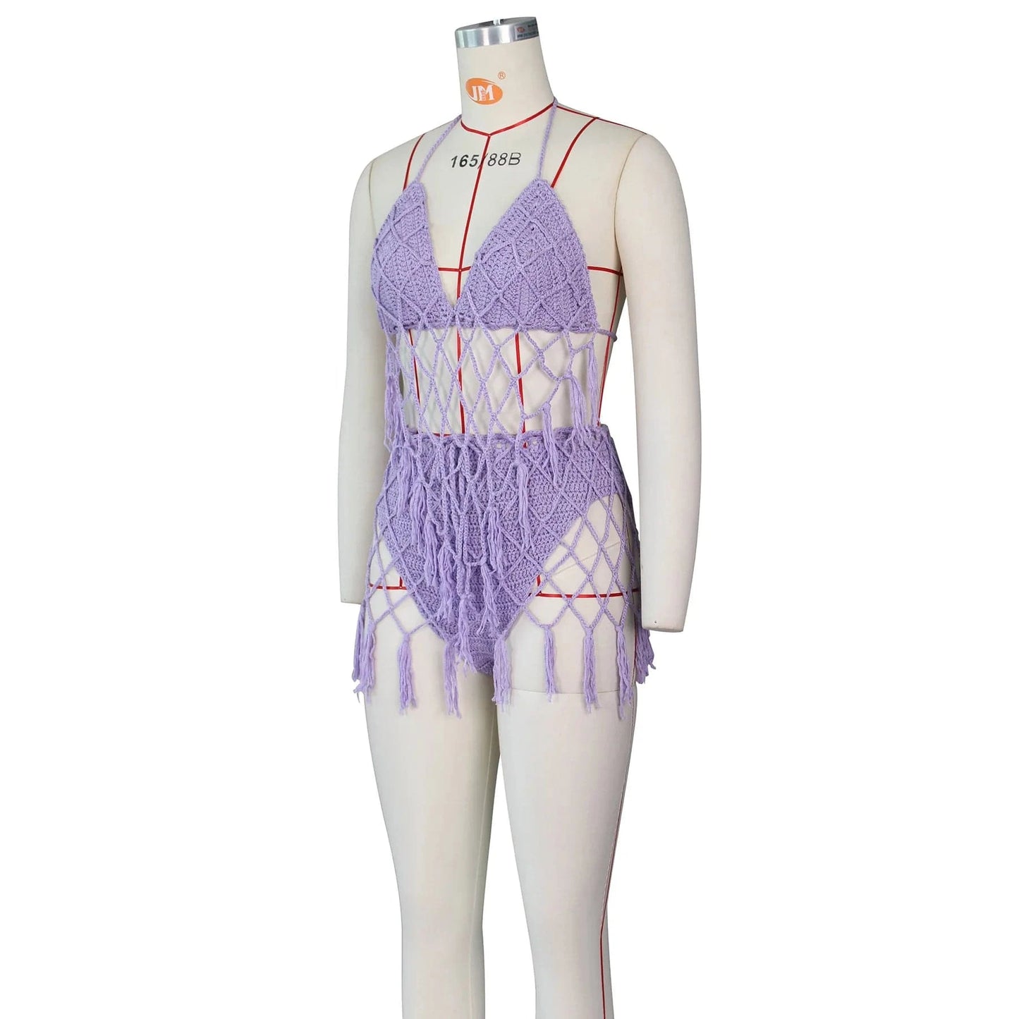 M / C305ST02 Purple Bomblook C305ST02 Crochet Swim Suit 2024 Summer Beach 2 Pieces Sets Halter Top With Underwear Tassels Women Sexy Set