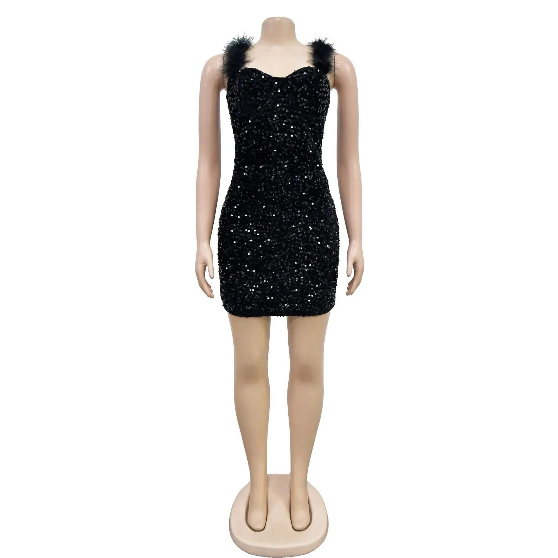 M / C402DS02 Black Bomblook C402DS02 Summer New Design Ladies Charm Women's Clothing Feather Outfits Mini Sequin Mini Dress 2024