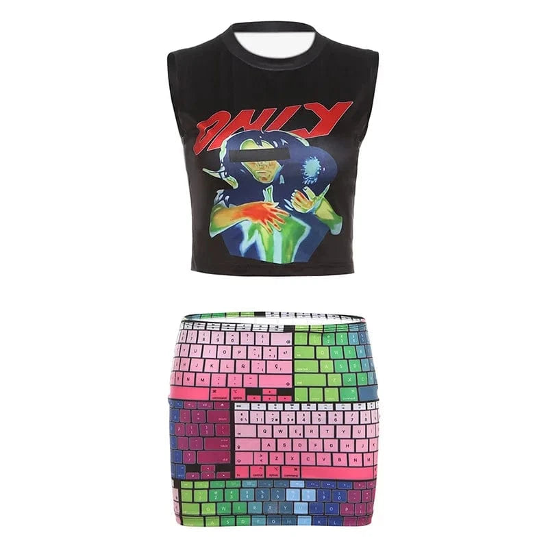 M / C423ST Black Bomblook C423ST Pattern Print Top With Keyboard Skirt Streetwear Tweed Set 3D Print 2 Piece Set Women Summer 2024 Suits