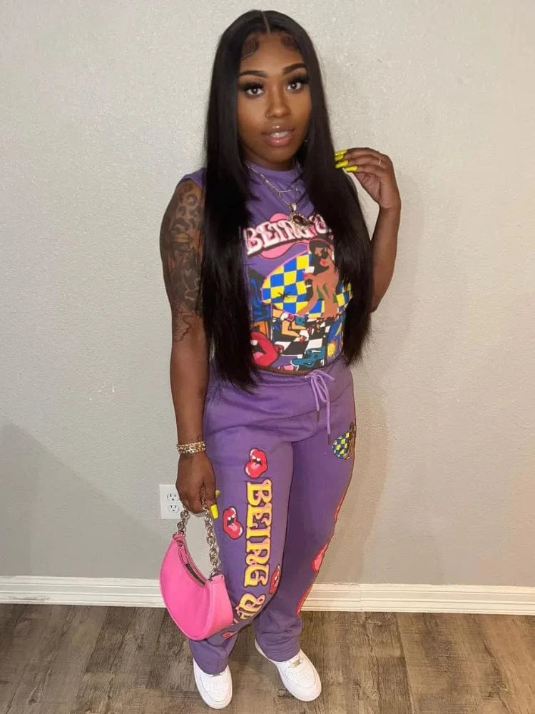 M / C511ST01 Purple Bomblook C511ST01 Athletic Wear Women's sets Pattern Print Streetwear Printed Tank Top With Joggers Tweed Set Women Summer
