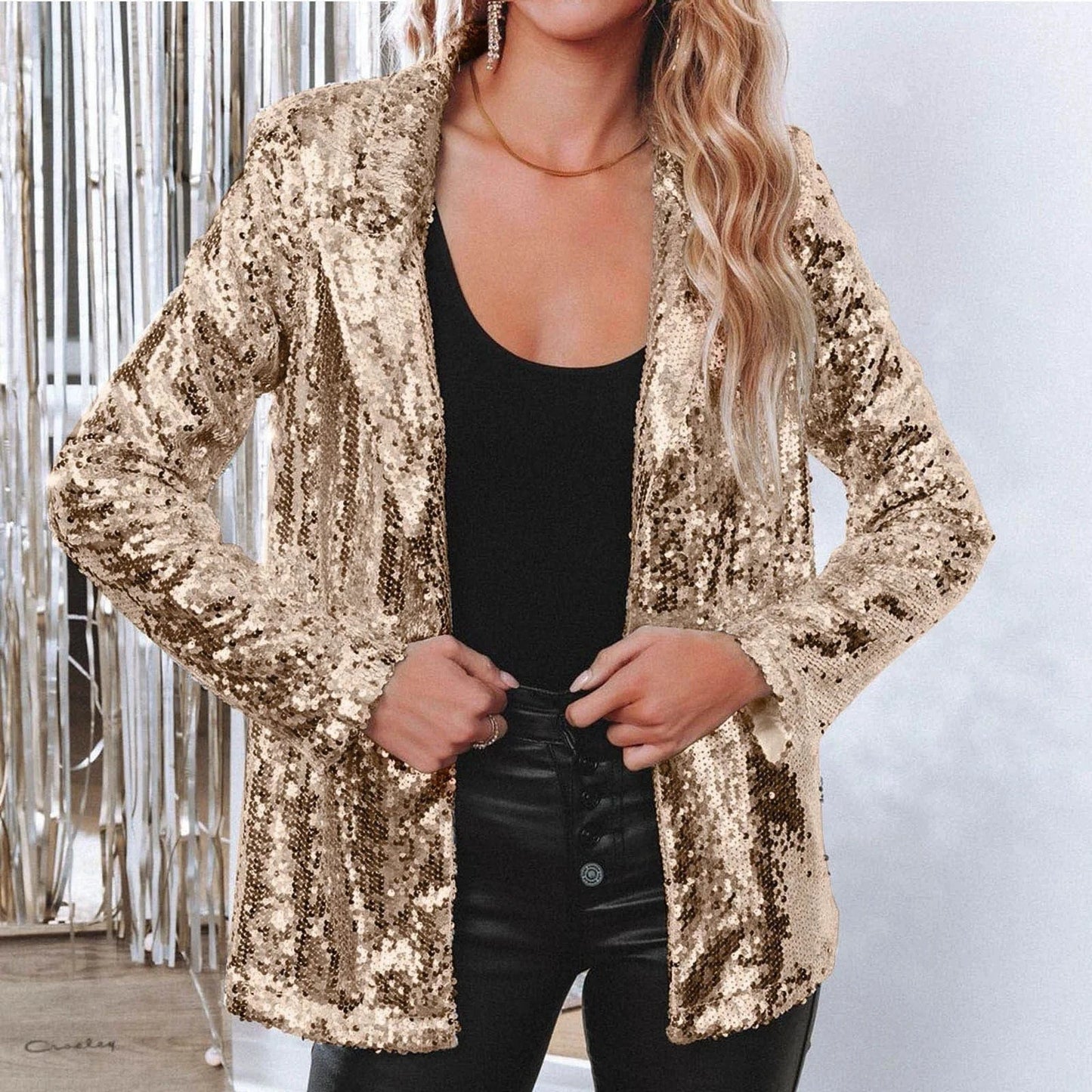M / Champagne 2024 Best-Selling Women Autumn and Spring Commuter Style Cardigan Collar Long Sleeved Sequined Casual Suit Jacket