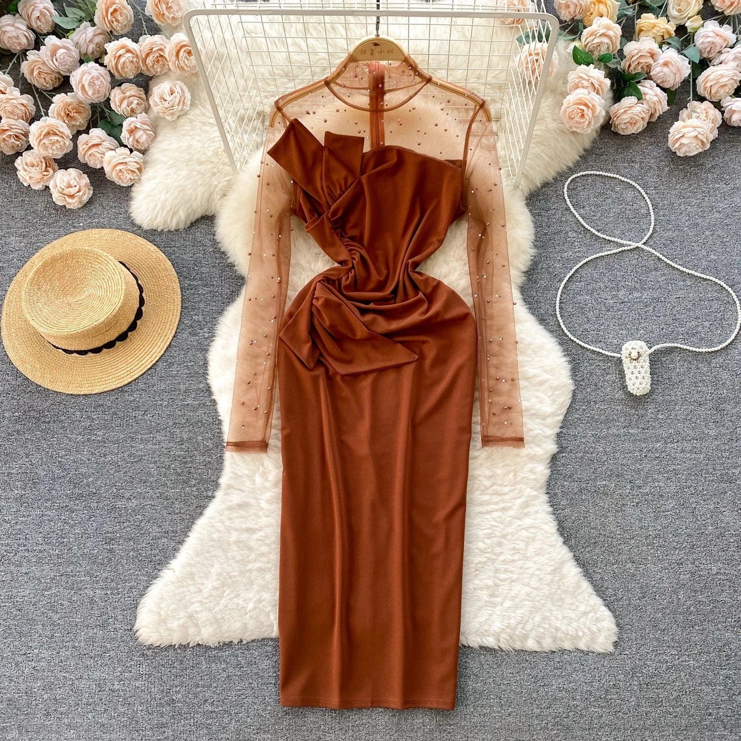 M / Coffee Sping New High Quality Elegant Midi Dress For Women Puff Sleeve Empire Beaded Mesh Vestidos Ladies Elegant Dresses