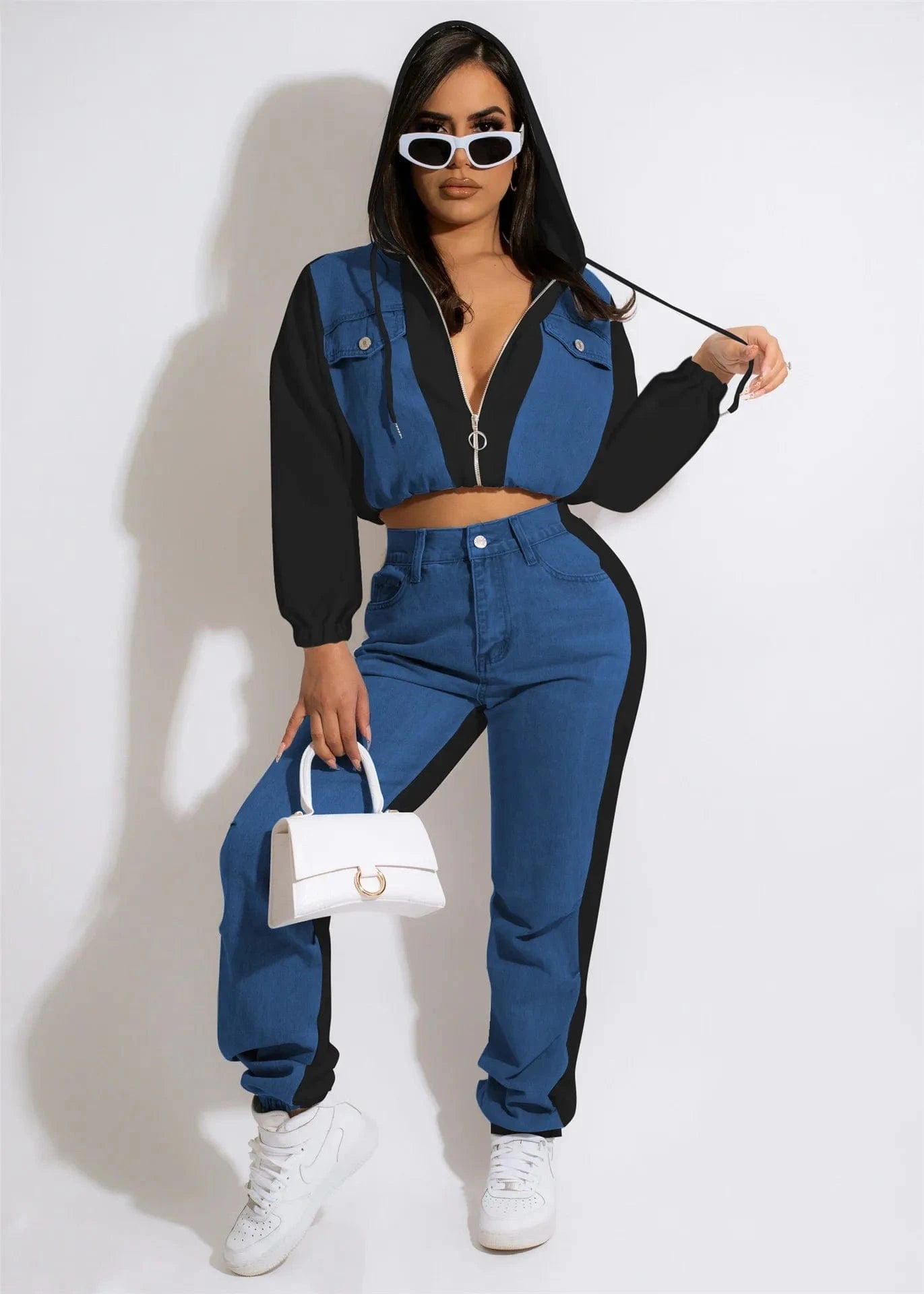 M / color 1 Custom denim hoodies sets women velvet 2 piece set jogger sweat suits sweatsuit denim lady tracksuit with hood for women