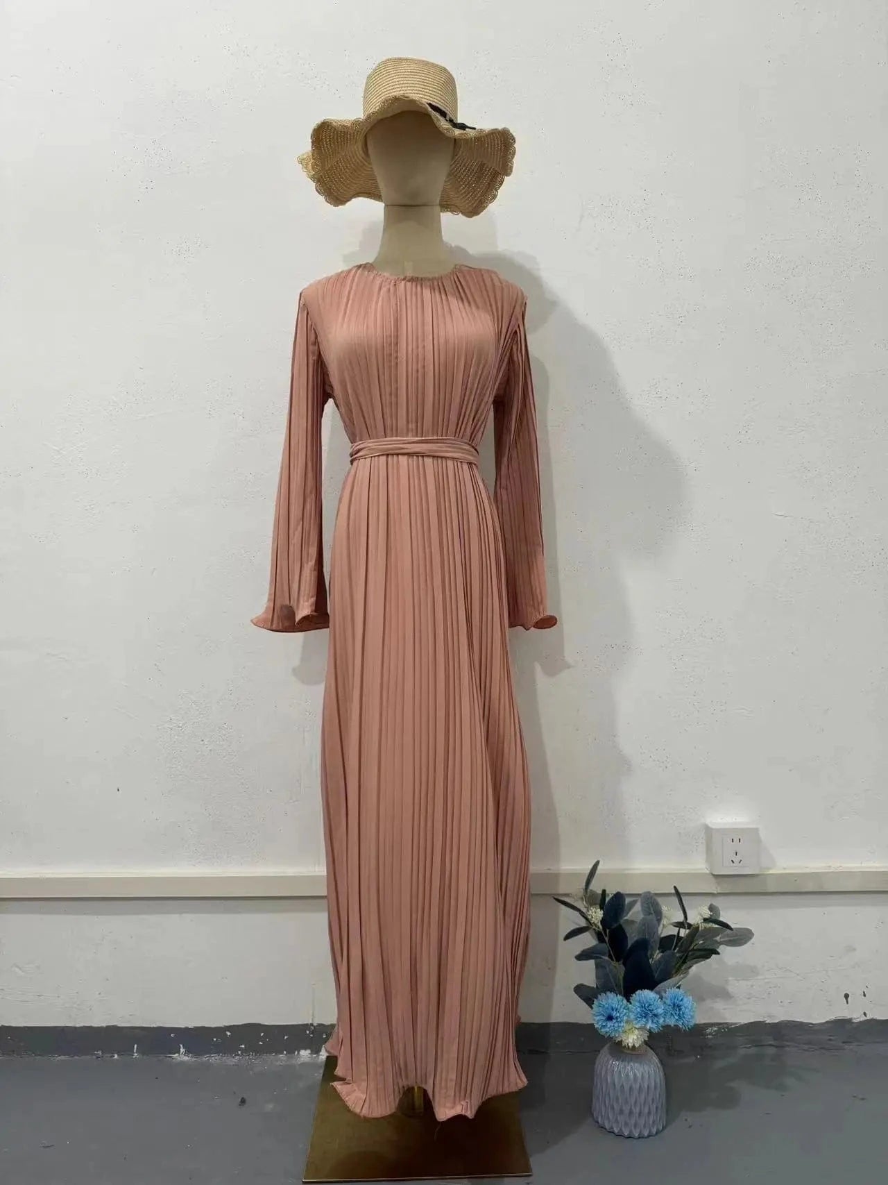 M / coral pink 2024 Spring Autumn Women New Fashion Long Dress Women's Casual Solid Color Round Neck Dress Trumpet Sleeve Pleated Abaya Dress