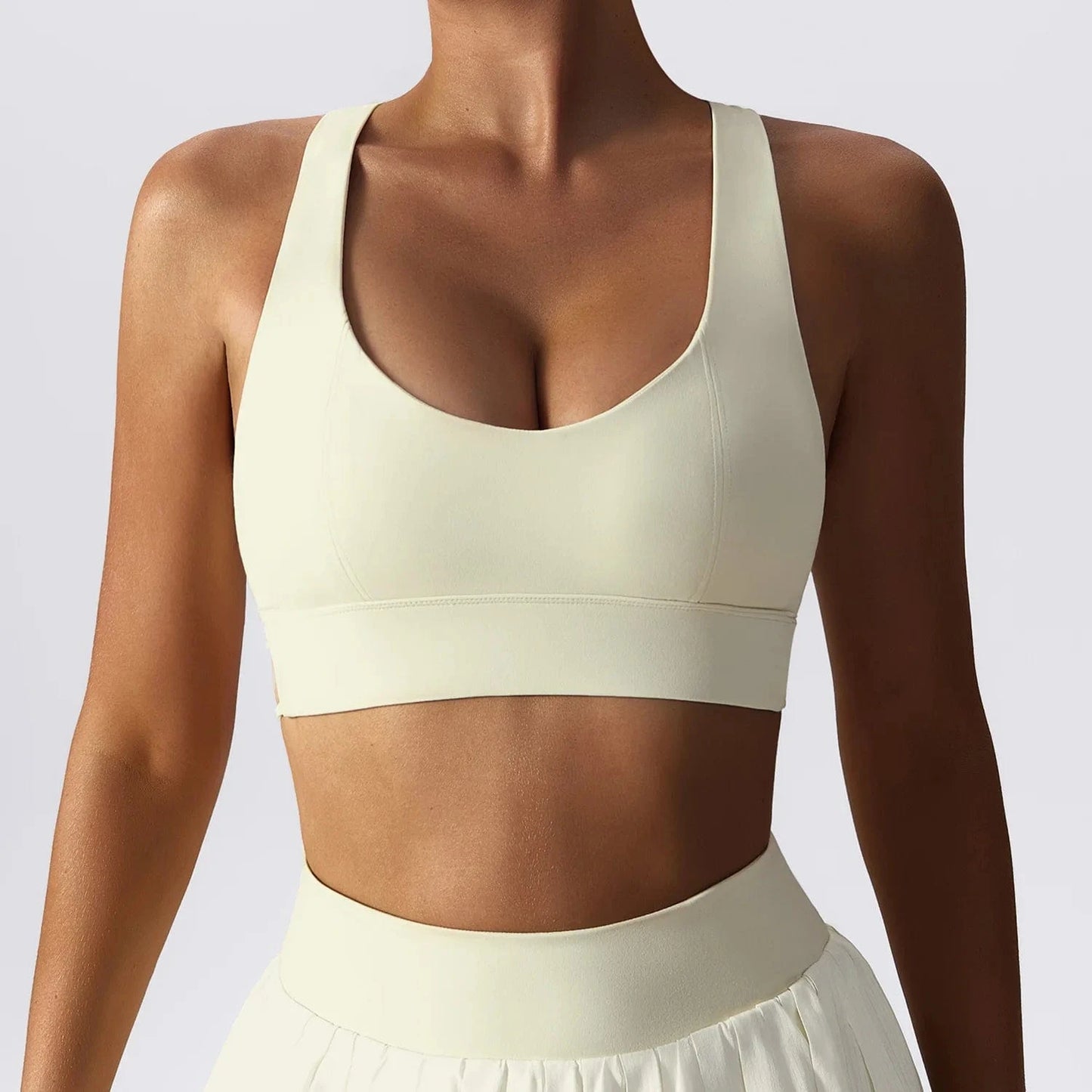 M / Cream-Bra Glorystar 2024 New Sportswear Shockproof Bra High Waist Tennis culottes Casual Mini Skirt Gym Fitness Sets For Sports