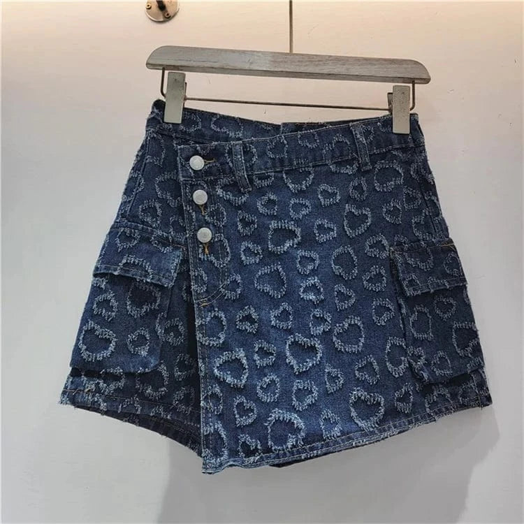 M / Dark blue 2024 Summer New Fashion Women Denim Skirt Heart Jacquard Pockets Patchwork A-line High Waist Cargo Mini Skirt