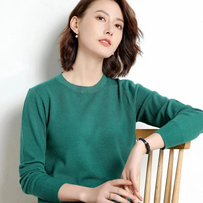 M / Dark green 2024 Autumn And Winter New Korean Style Sweater Women's Bottoming Shirt Pullover Thin Long Sleeve All-Match Round Neck Wool