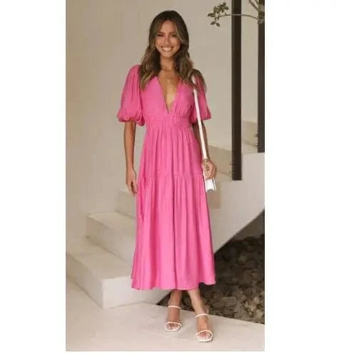 M / dark Pink Women 2024 Puff Sleeve Deep V Neck Long Dresses Summer For Woman Sexy Green Women's Dress Summer Royal Blue