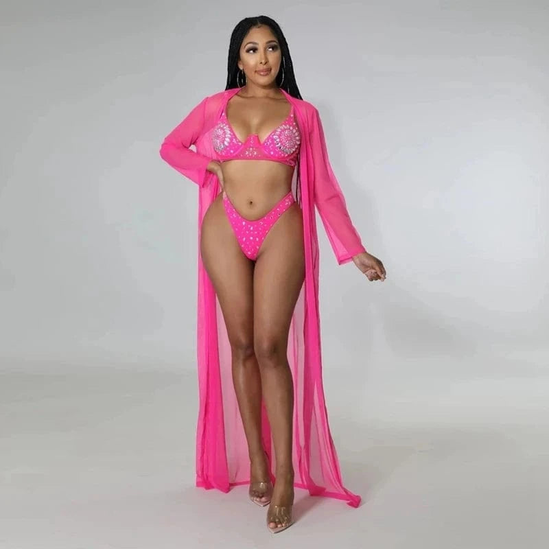 M / Fuchsia High Waist 3 Piece Bikini Set with Cover up Sexy Crystal Rhinestone Bathing Suit Beachwear Swimming Suit Beach Outfits for Women
