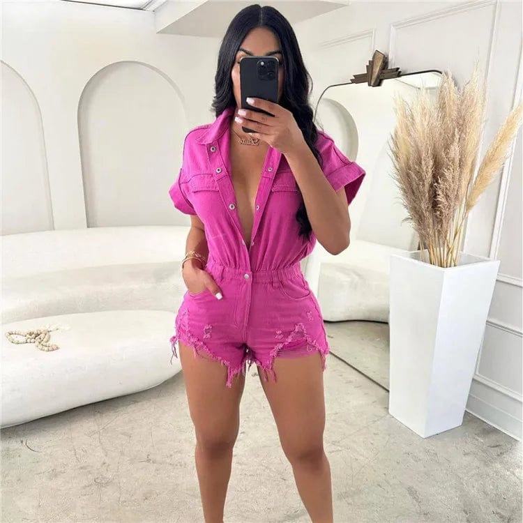 M / Fuchsia Jeans Jumpsuits Summer Women Short Sleeve Bodysuit Ripped Denim Shorts Jumpsuits