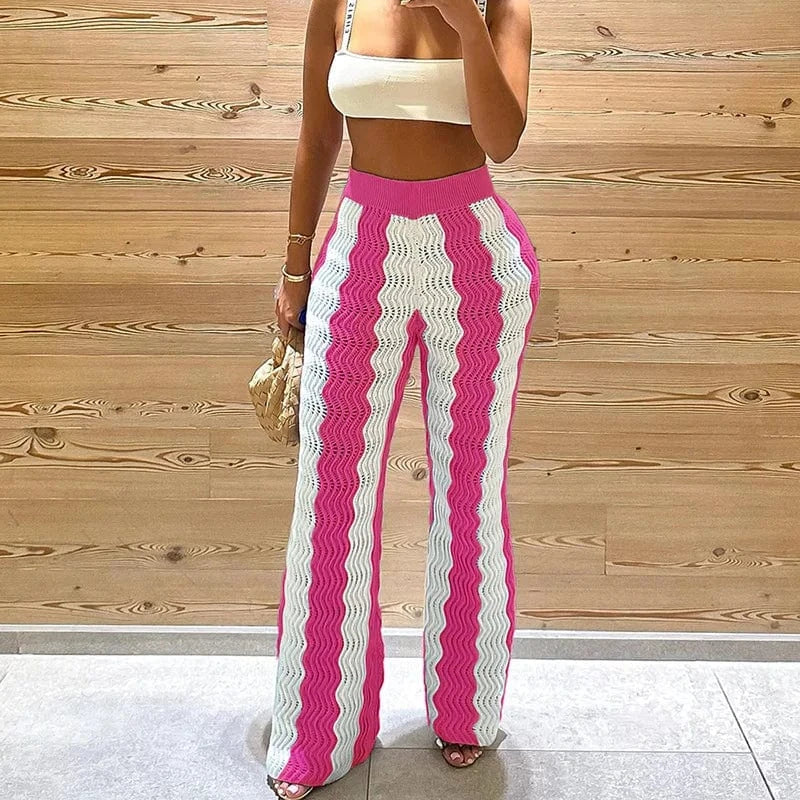 M / Fuchsia W23P34658 New design fall 2024 women clothes fashion stripped flared pants knitted trousers casual wide leg women's pants
