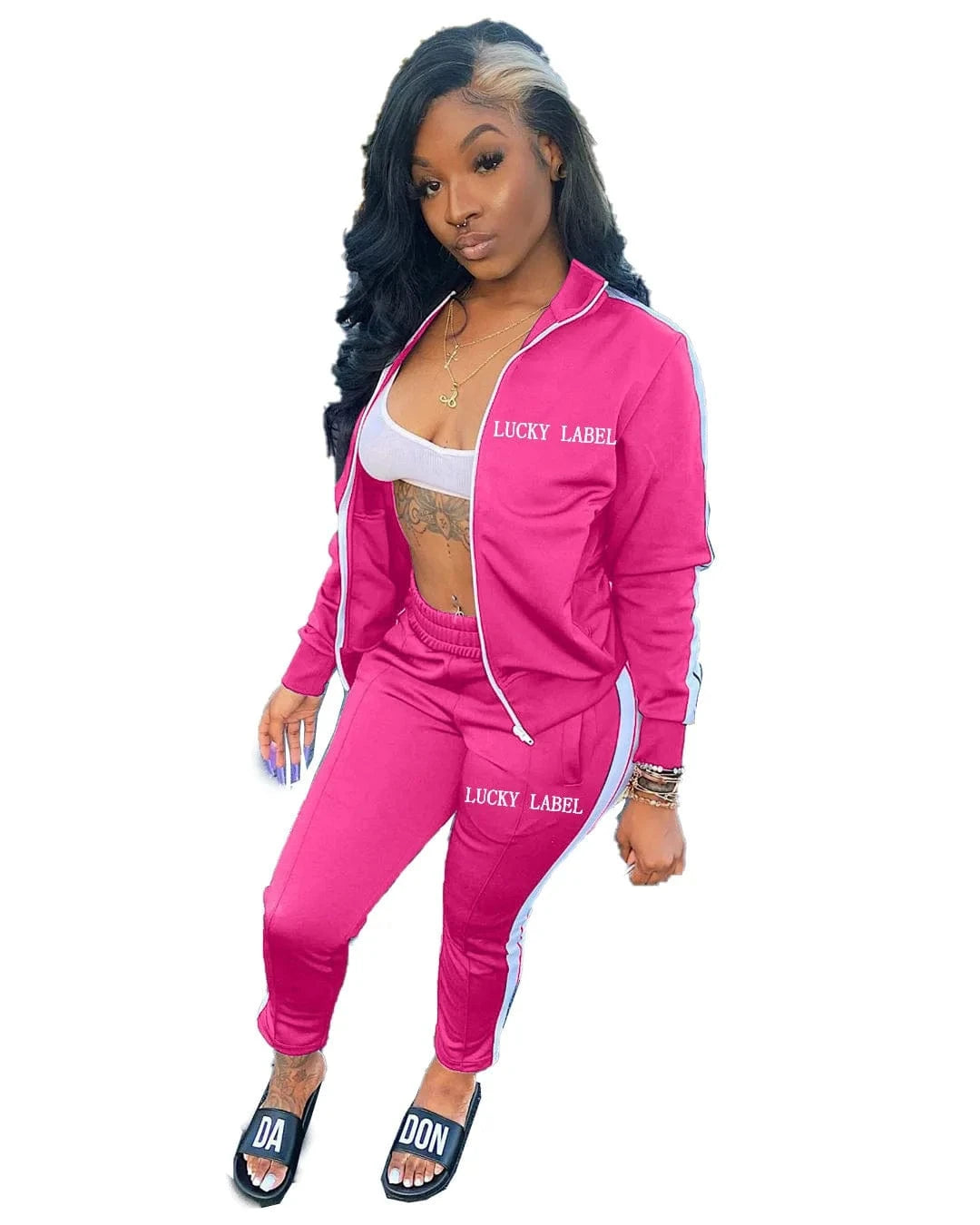 M / Fuchsia Wholesale womens tracksuit 2 piece pants set long sleeve lucky label two piece set women clothing 2024