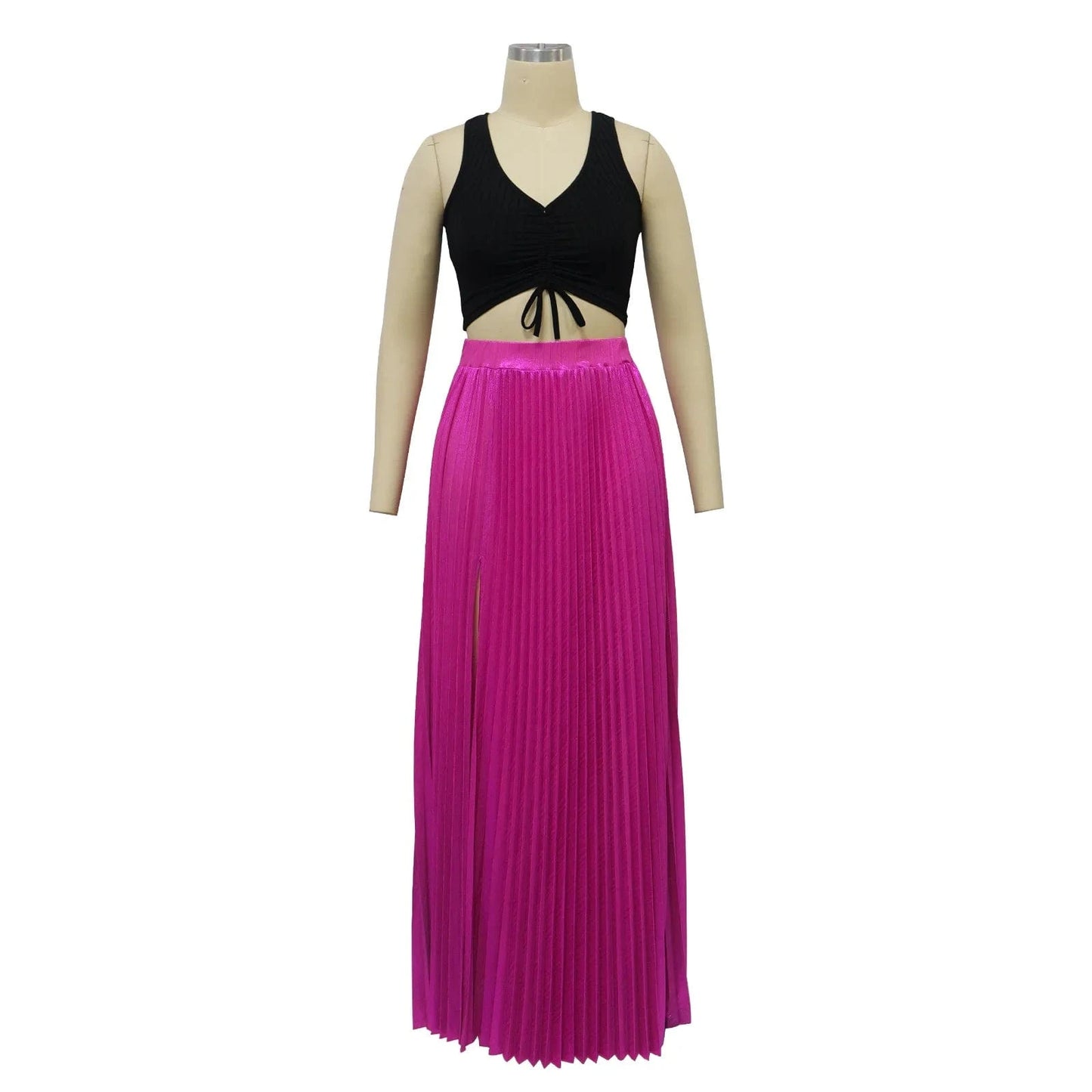M / Fuchsia ZHEZHE 2024 New Fashion Solid Color High Waist Pleated Slit Skirt Women Midi Maxi Dress