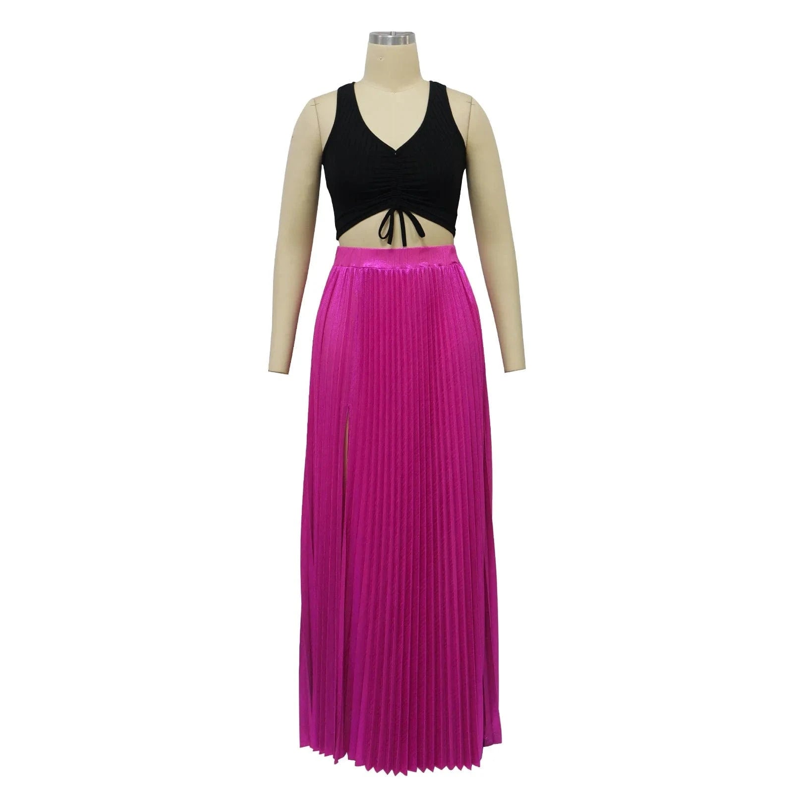 M / Fuchsia ZHEZHE 2024 New Fashion Solid Color High Waist Pleated Slit Skirt Women Midi Maxi Dress
