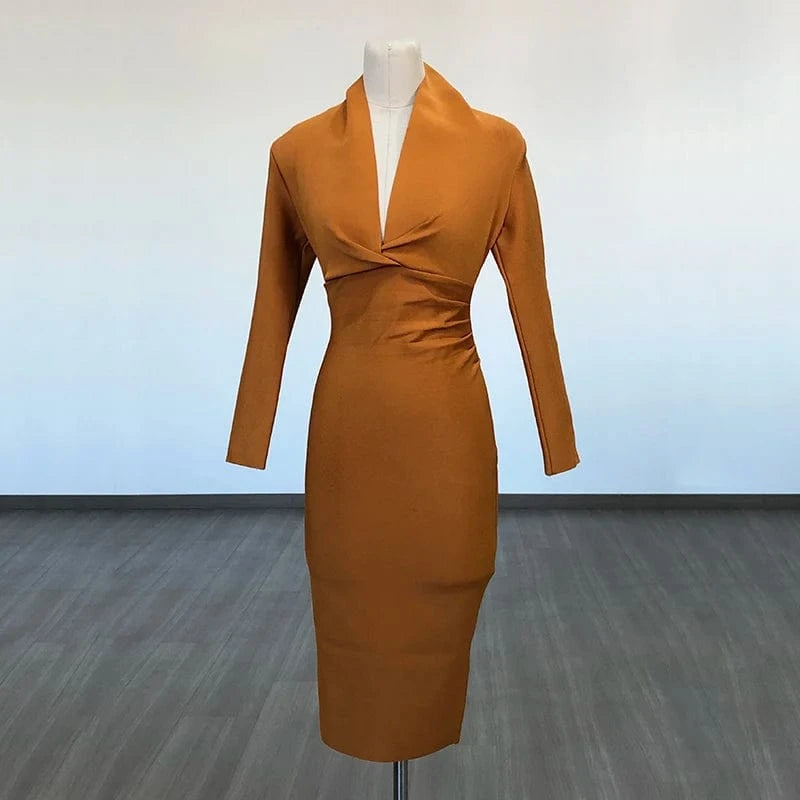 M / Ginger BA042 New Women's Top Party Casual Bandage Dress Long Sleeve High Quality Midi Vestidos Bodycon Deep V-Neck Sexy Evening Dresses