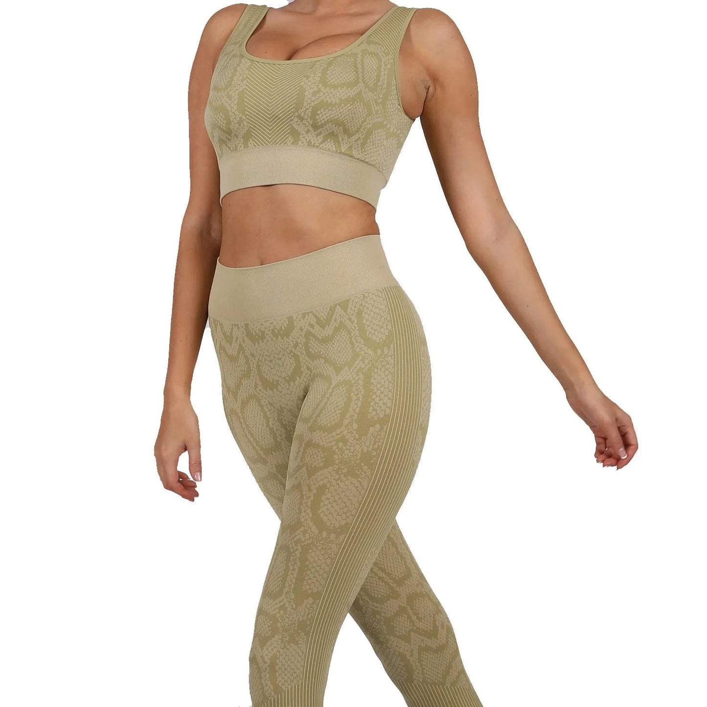 M / ginger green European and American snake print yoga suit sports vest high waist trousers seamless yoga suit track and field jogging suit