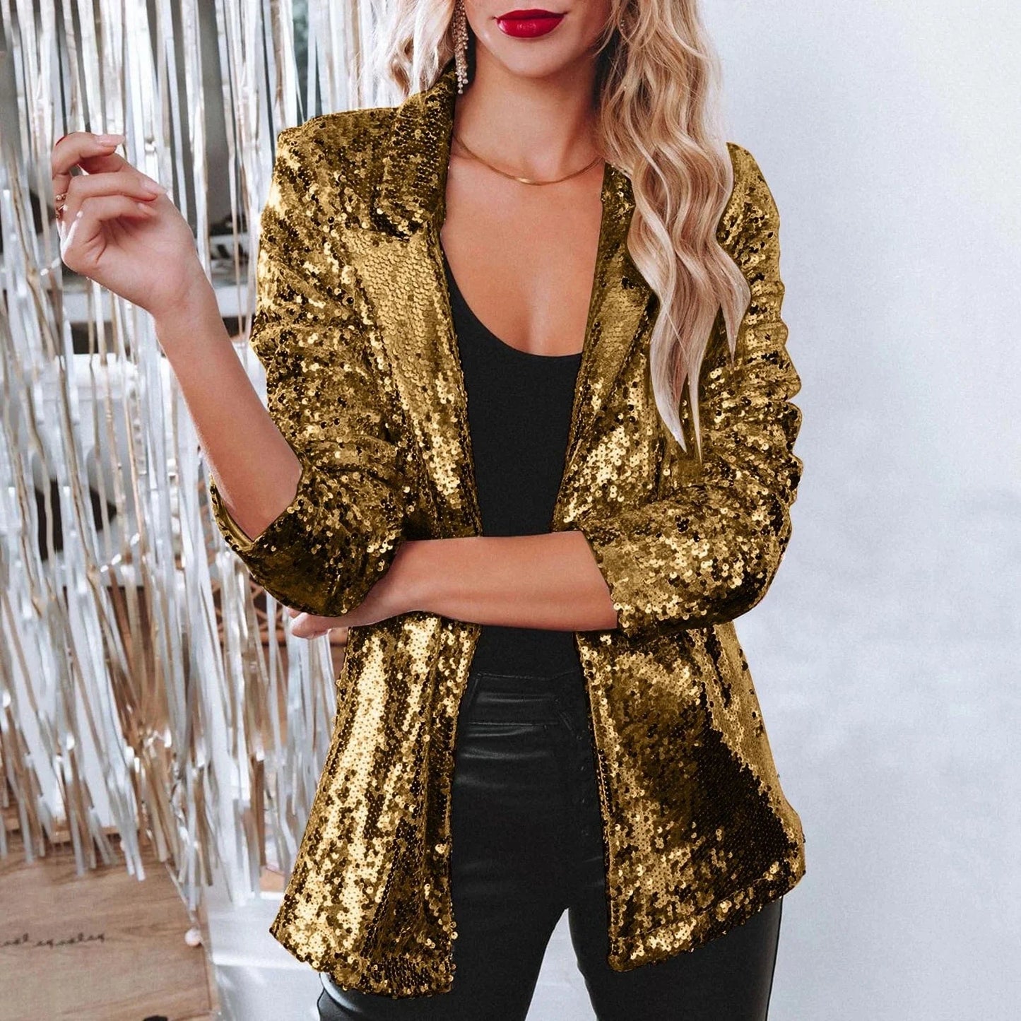 M / Golden 2024 Best-Selling Women Autumn and Spring Commuter Style Cardigan Collar Long Sleeved Sequined Casual Suit Jacket