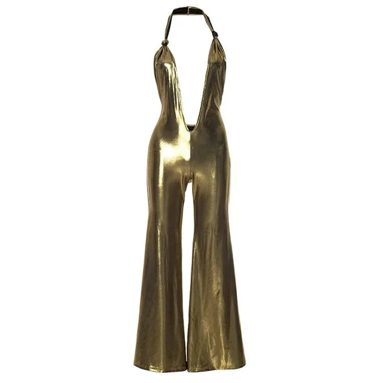 M / Golden ZHEZHE Women's 2024 Summer Temperament Backless Halter Gold Jumpsuit Elegant Sexy Party Club Outfit
