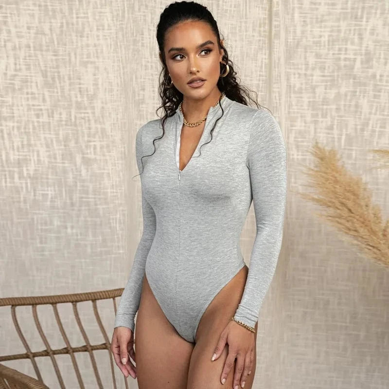 M / Gray 2024 Autumn winter Woman Zipper Up Solid Sexy  Long Sleeve Bodysuits