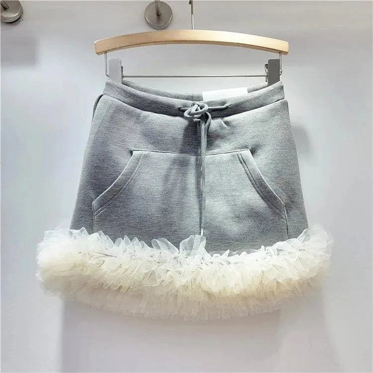 M / Gray 2024 Spring Summer New Drawstring Elastic Waist Pocket Multi Layer Lace Decoration Mini Skirt Women
