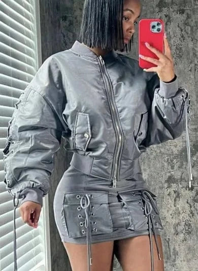 M / Gray 2024 spring trendy boutique autumn designer fashion 2 piece skirt and jackets set for women