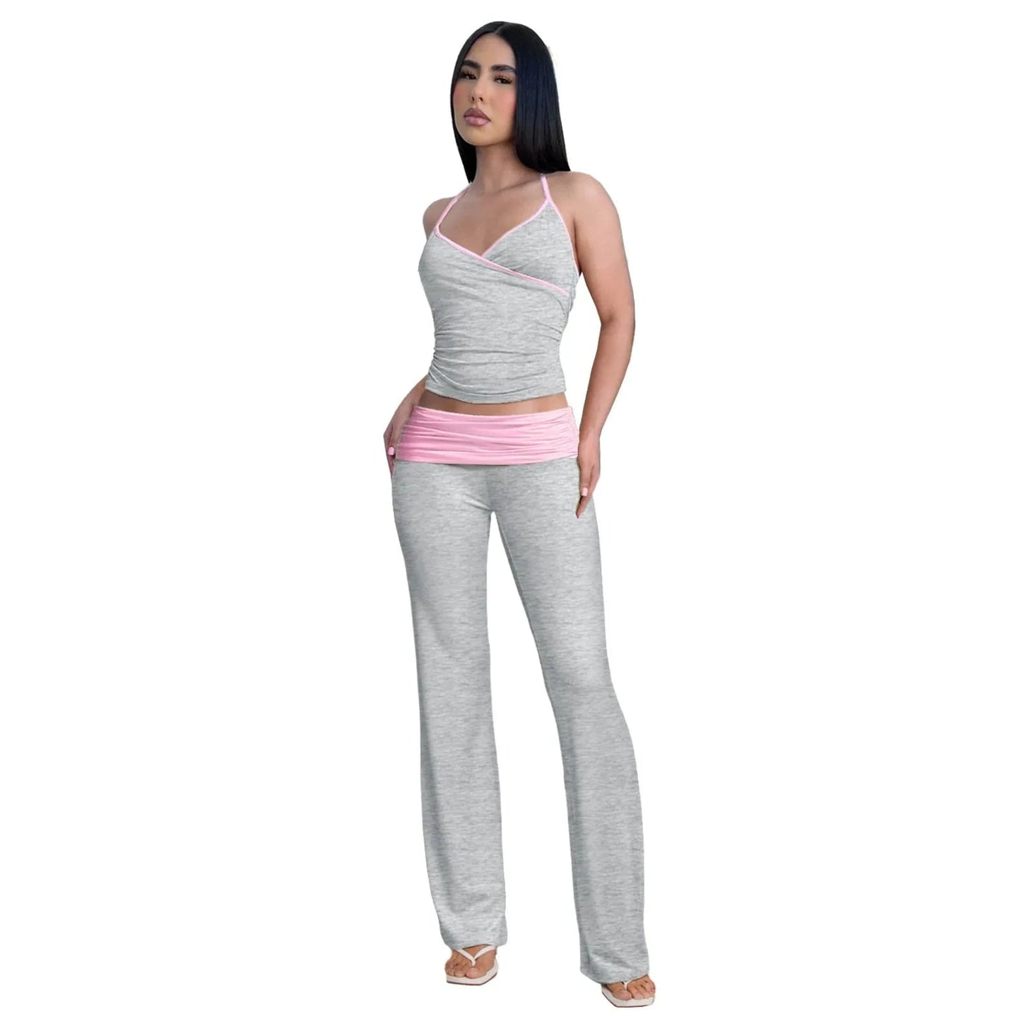 M / Gray 2024 Spring Women's Two Piece Suits Y2k Style Streetwear Clothing Set Square Collar Crop Tops Flare Pant Set