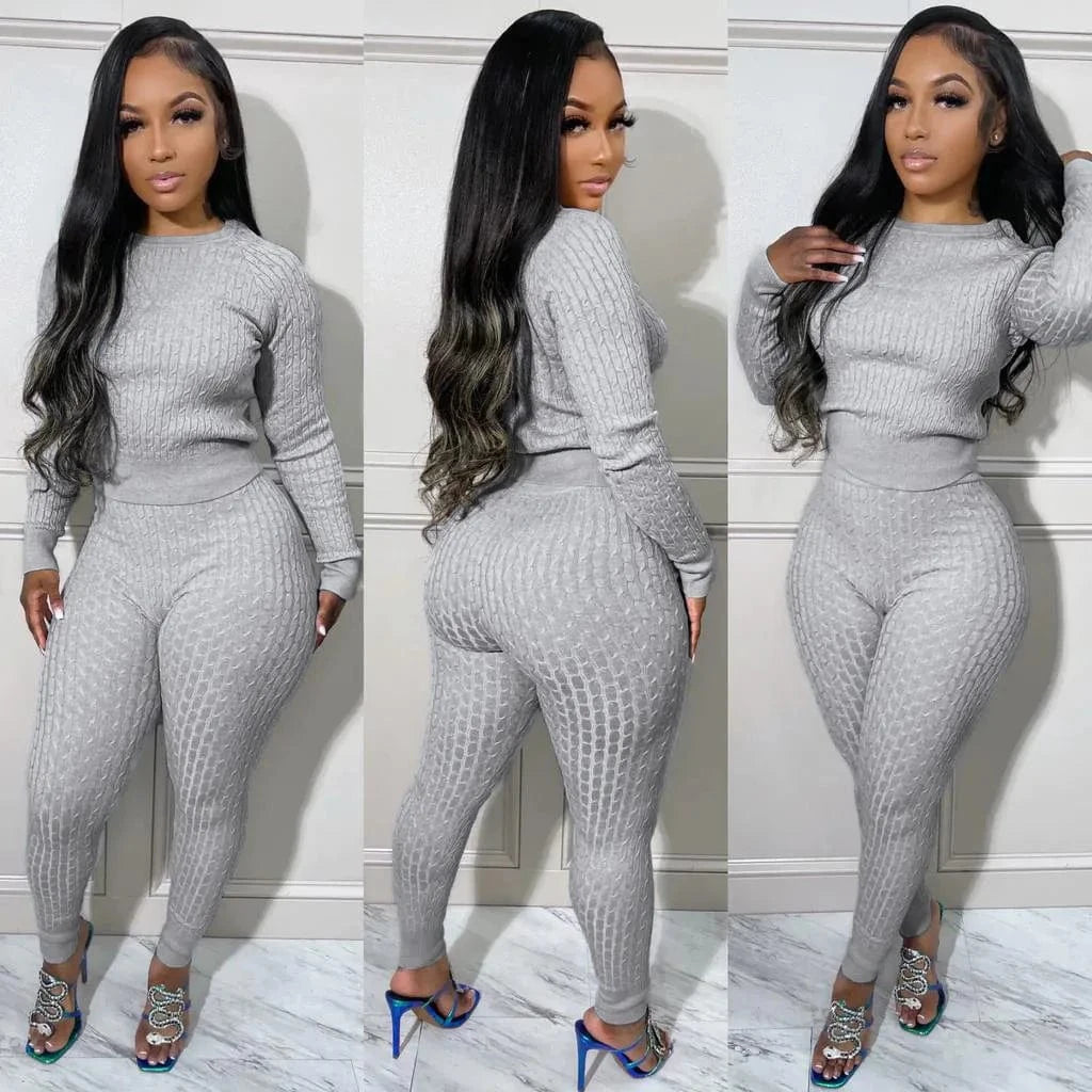 M / Gray custom logo Thick 2 Piece Women knitted sweater two piece pants set 2024 fall winter fashion trending 2 piece sweater set