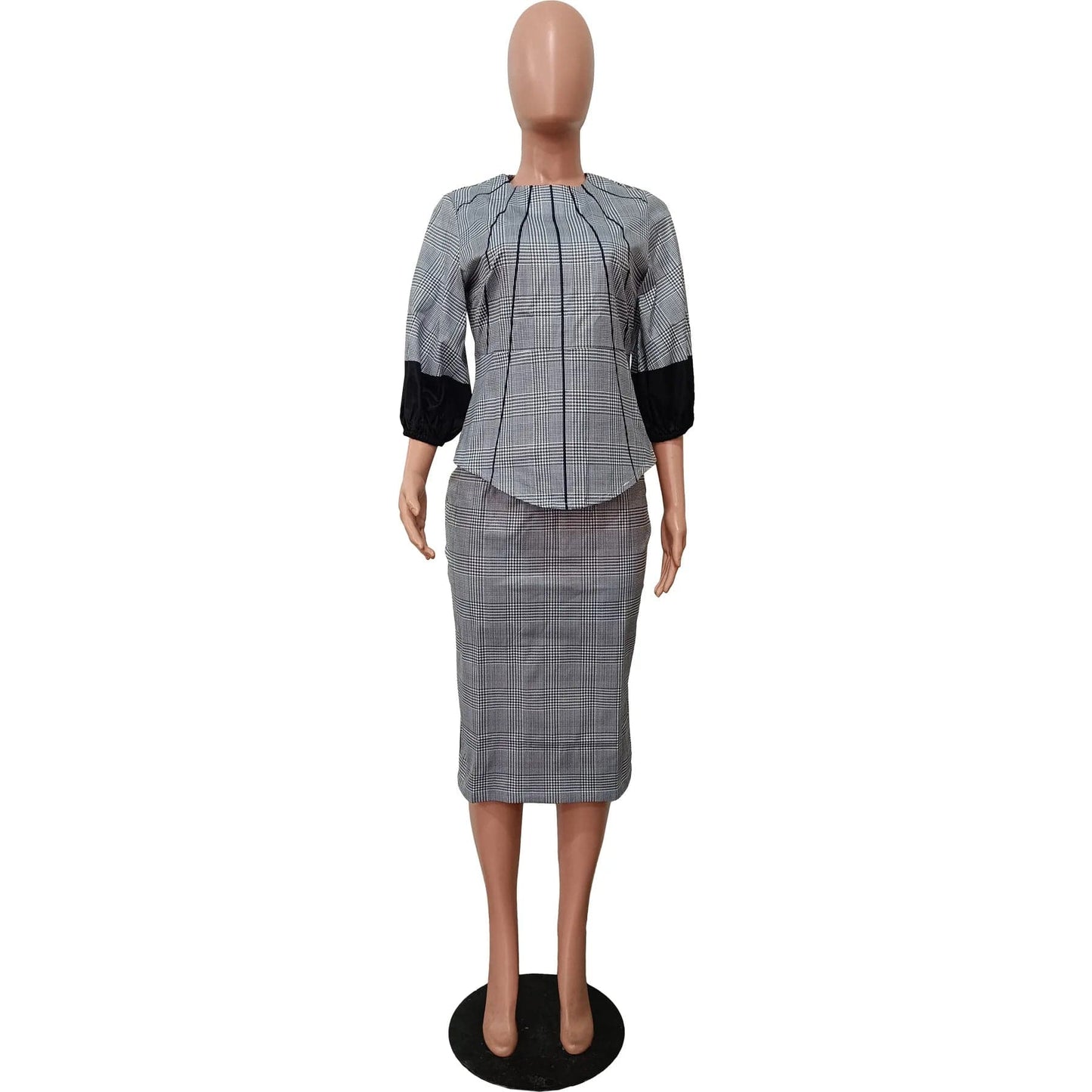M / Gray Fall Winter Women's Clothing Patchwork Lantren Sleeve Tops And Midi Skirt Set Fashion Print Split 2 Piece Skirt Set